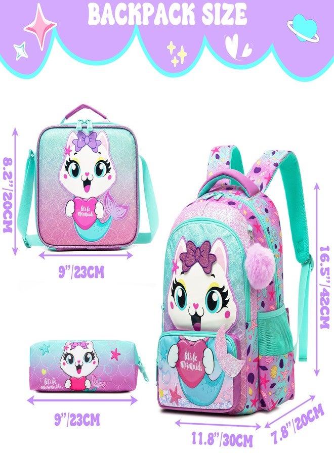 Meetbelify Kids School Backpacks for Girls Boys Backpack with Lunch Bag for Elmentary Students, 01 Mermaid Cat - Image 2