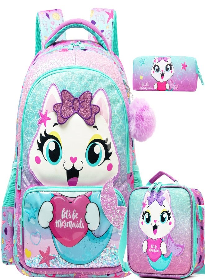 Meetbelify Kids School Backpacks for Girls Boys Backpack with Lunch Bag for Elmentary Students, 01 Mermaid Cat - Image 1
