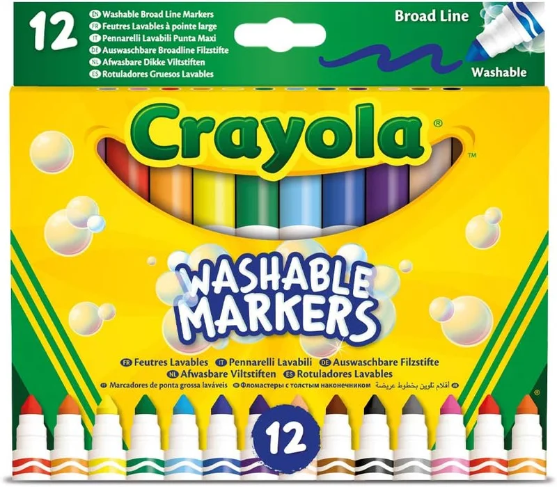 كرايولا Crayola Washable Broad Line Markers – 12 Vibrant Colours | Durable Fibre-Tip Pens for Kids Drawing, Colouring & School Art Projects | Easy Washable Ink