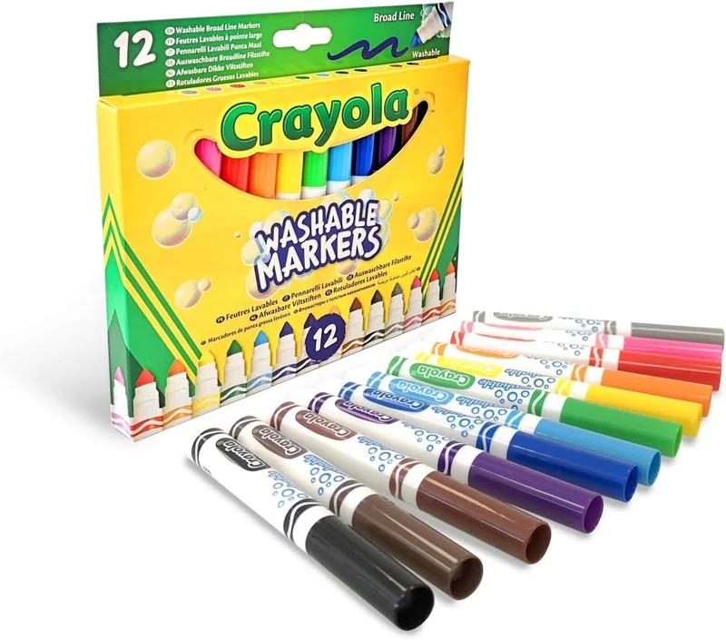كرايولا Crayola Washable Broad Line Markers – 12 Vibrant Colours | Durable Fibre-Tip Pens for Kids Drawing, Colouring & School Art Projects | Easy Washable Ink