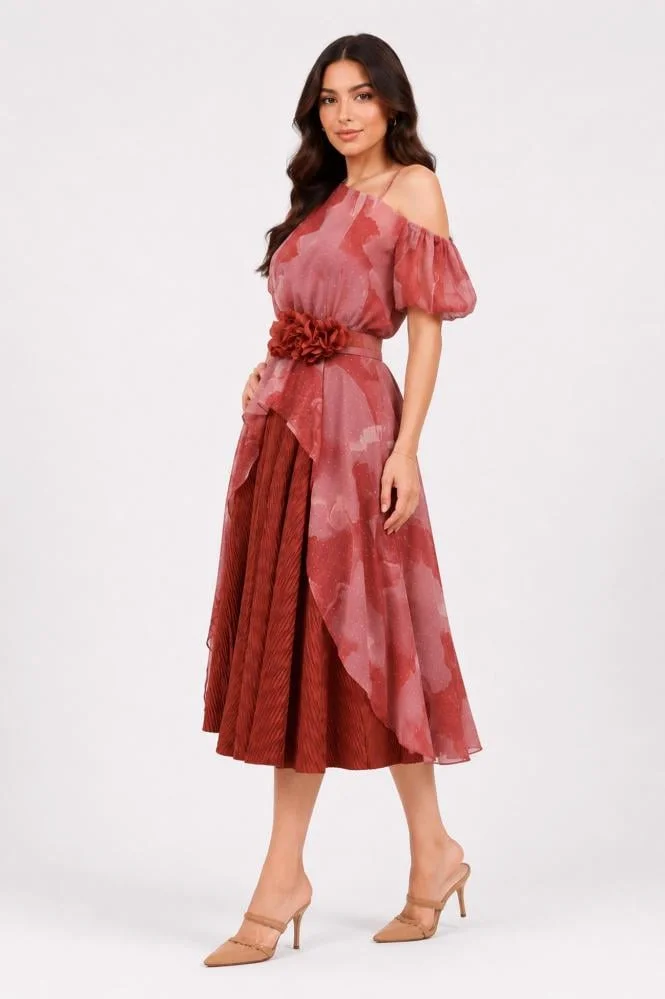 Opera Fashion Terracotta Off-Shoulder Blouse and Pleated Skirt Set