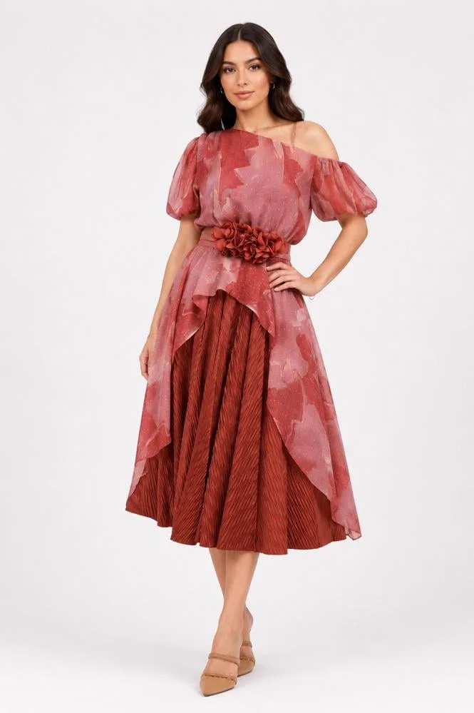 Opera Fashion Terracotta Off-Shoulder Blouse and Pleated Skirt Set