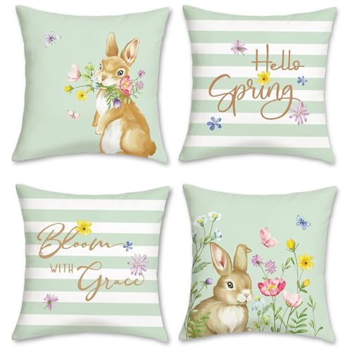 Bonhause Spring Bunny Easter Throw Pillow Covers 18 x 18 Inch Rabbits Floral Green Stripes Soft Velvet Decorative Pillow Cases for Couch Sofa Bed Home Easter Decor Set of 4 - Image 1