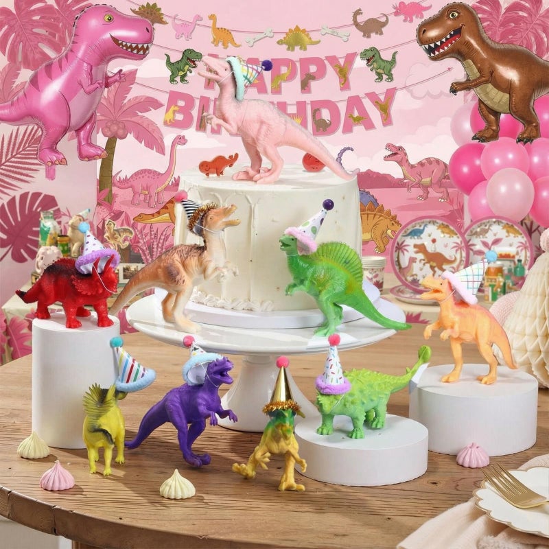 Colingmill 18 Pcs Colorful Dinosaur Birthday Party Decorations Mini Birthday Hat Animal Figure Model Cake Toppers with Mini Hat for Animals Themed Party - Image 2