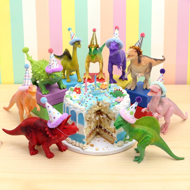 Colingmill 18 Pcs Colorful Dinosaur Birthday Party Decorations Mini Birthday Hat Animal Figure Model Cake Toppers with Mini Hat for Animals Themed Party - Image 1