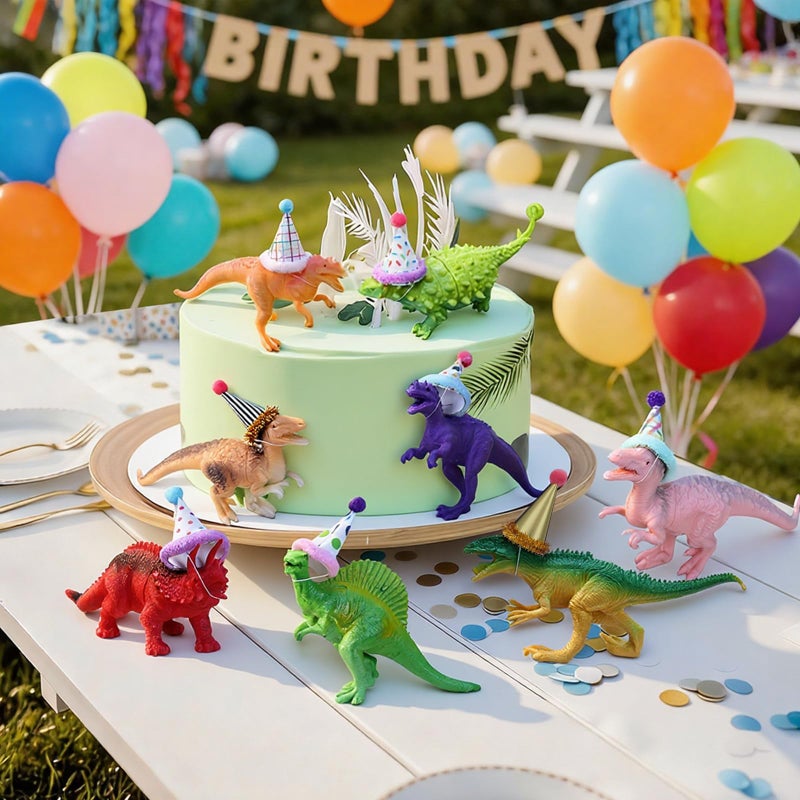 Colingmill 18 Pcs Colorful Dinosaur Birthday Party Decorations Mini Birthday Hat Animal Figure Model Cake Toppers with Mini Hat for Animals Themed Party - Image 5