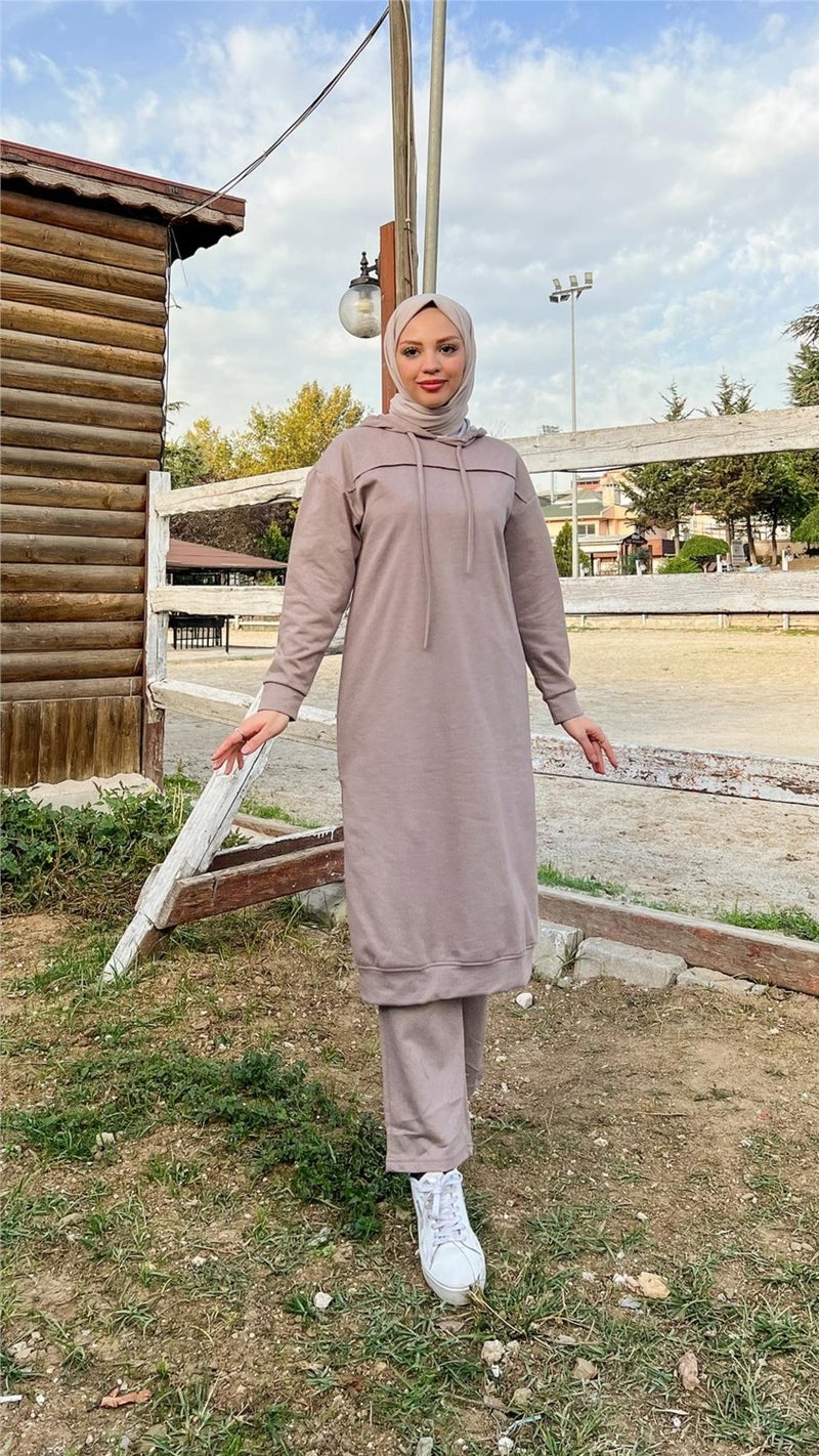 Bwest Long Tunic Hooded Side Slit Double Sports Suit - 3034 - Mink - Image 1