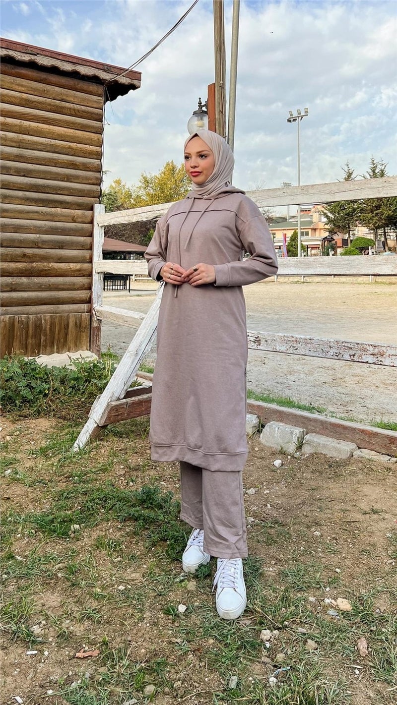 Bwest Long Tunic Hooded Side Slit Double Sports Suit - 3034 - Mink - Image 2