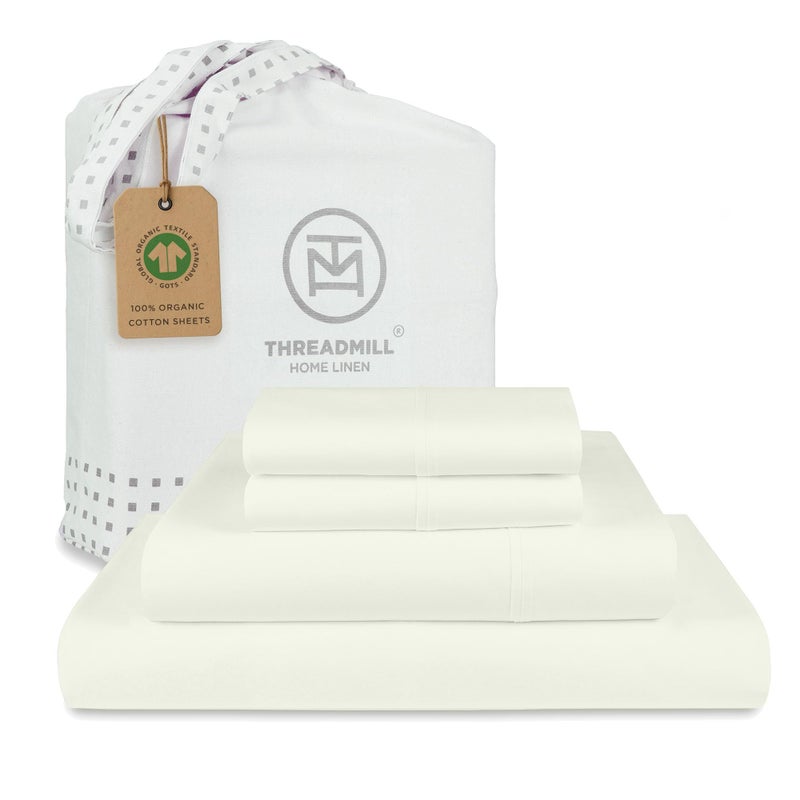 Threadmill 100 Organic Cotton Sheets  Queen 4 Piece Ivory  Certified by GOTS  Soft and Cooling Bedsheet Set with Reusable Bag Snug Fit with 16 Deep Pocket  Ultra Light