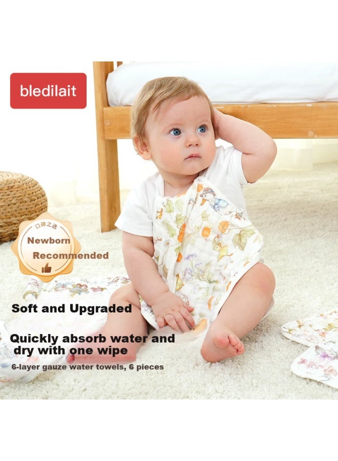 Bledilait Cotton Class A Children's Towel Washcloth Gauze Towel 6 Layers Drool Towel Children's Baby Washcloth Square 6 Pieces - Image 1