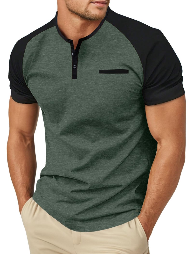 Sailwind Henley Shirts for Men Short Sleeve Casual Summer Collarless Tee Basic T-Shirts Shirts Fashion Button Top with Pocket Green Black - Image 1