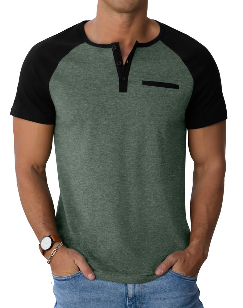 Sailwind Henley Shirts for Men Short Sleeve Casual Summer Collarless Tee Basic T-Shirts Shirts Fashion Button Top with Pocket Green Black - Image 4