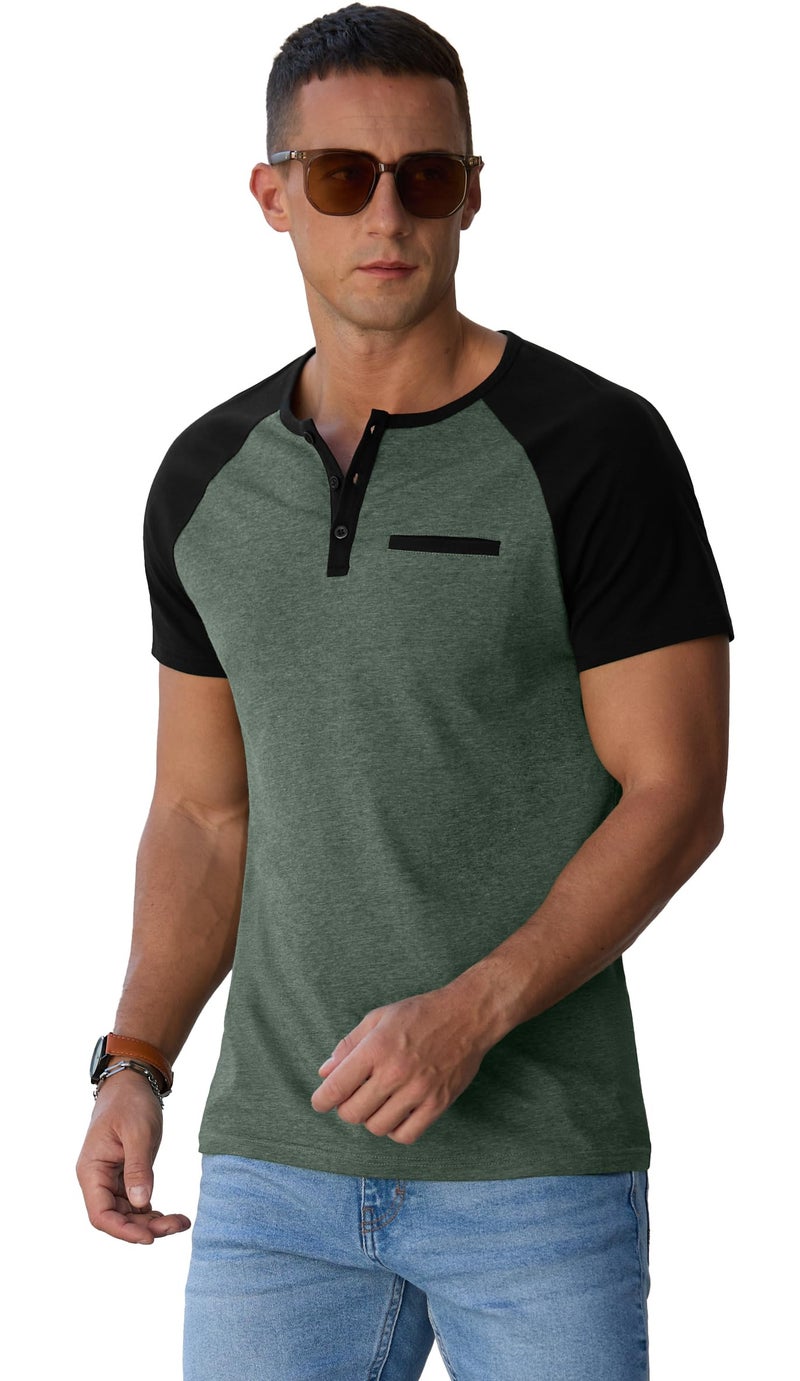 Sailwind Henley Shirts for Men Short Sleeve Casual Summer Collarless Tee Basic T-Shirts Shirts Fashion Button Top with Pocket Green Black - Image 5