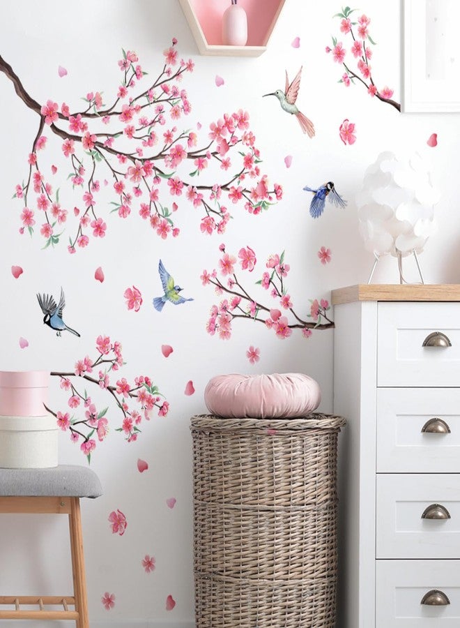 iMagitek Large Cherry Blossom Wall Stickers Pink Flowers Tree Branch Birds Floral Cherry Blossom Wall Decals for Bedroom Living Room Sofa TV Background - Image 3