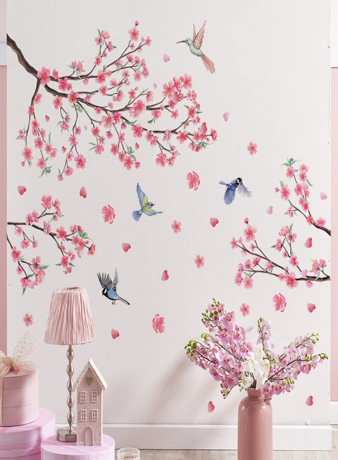 iMagitek Large Cherry Blossom Wall Stickers Pink Flowers Tree Branch Birds Floral Cherry Blossom Wall Decals for Bedroom Living Room Sofa TV Background - Image 5