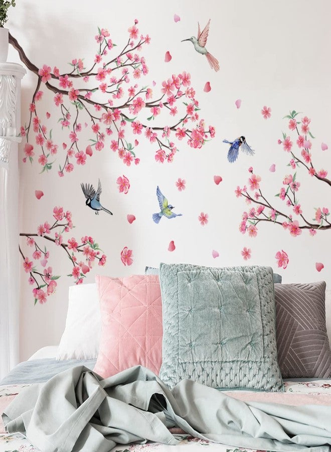 iMagitek Large Cherry Blossom Wall Stickers Pink Flowers Tree Branch Birds Floral Cherry Blossom Wall Decals for Bedroom Living Room Sofa TV Background - Image 4