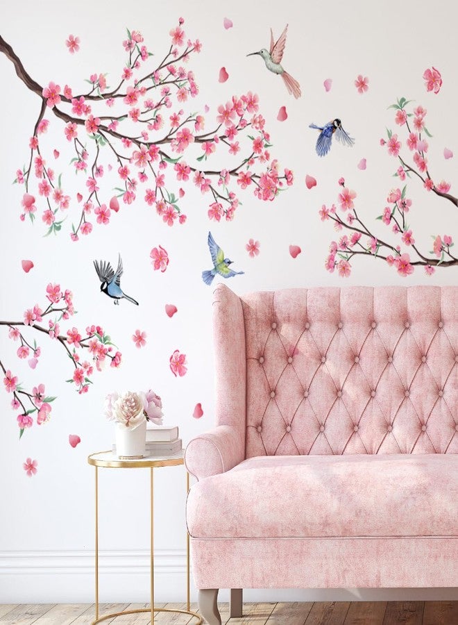 iMagitek Large Cherry Blossom Wall Stickers Pink Flowers Tree Branch Birds Floral Cherry Blossom Wall Decals for Bedroom Living Room Sofa TV Background - Image 1