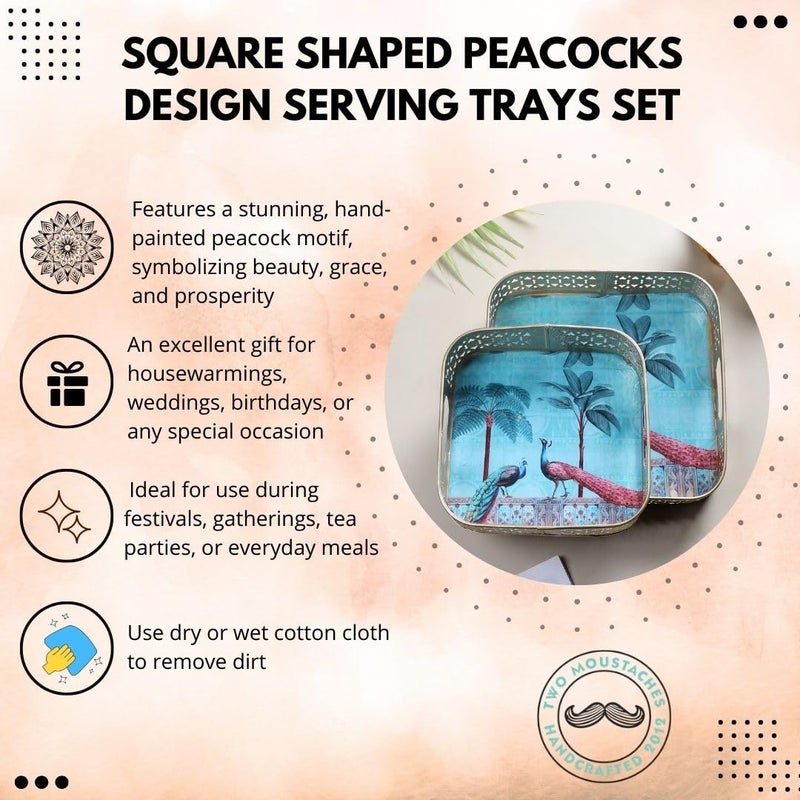 Two Moustaches Square Shaped Peacock Under Tree Design Serving Tray Set (8 Inches & 10 Inches),Serving Plates for Home, Platters for Tea/Fruits/Snacks, Decorative Pichwai Tray, Multicolored, Pack of 2 - Image 5