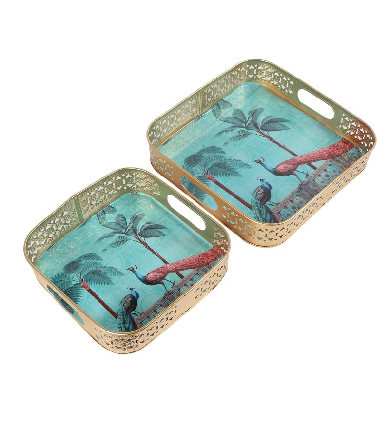 Two Moustaches Square Shaped Peacock Under Tree Design Serving Tray Set (8 Inches & 10 Inches),Serving Plates for Home, Platters for Tea/Fruits/Snacks, Decorative Pichwai Tray, Multicolored, Pack of 2 - Image 1
