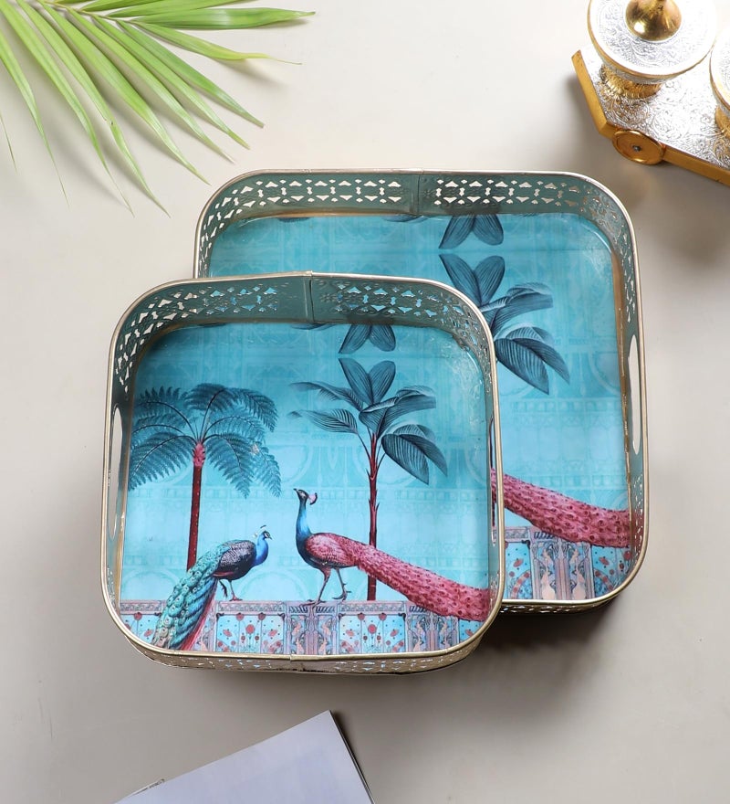Two Moustaches Square Shaped Peacock Under Tree Design Serving Tray Set (8 Inches & 10 Inches),Serving Plates for Home, Platters for Tea/Fruits/Snacks, Decorative Pichwai Tray, Multicolored, Pack of 2 - Image 2