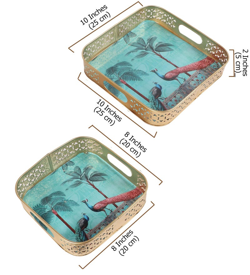 Two Moustaches Square Shaped Peacock Under Tree Design Serving Tray Set (8 Inches & 10 Inches),Serving Plates for Home, Platters for Tea/Fruits/Snacks, Decorative Pichwai Tray, Multicolored, Pack of 2 - Image 4