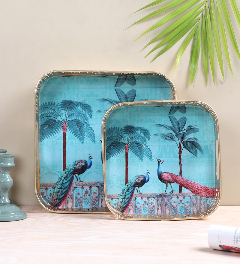 Two Moustaches Square Shaped Peacock Under Tree Design Serving Tray Set (8 Inches & 10 Inches),Serving Plates for Home, Platters for Tea/Fruits/Snacks, Decorative Pichwai Tray, Multicolored, Pack of 2 - Image 3