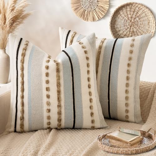 ANRODUO Pack of 2 Boho Decorative Throw Pillow Covers 18x18 Farmhouse Cushion Case Striped Chenille Pillow Cases Square Pillow Covers Accent Neutral Pillowcase for Sofa Couch Bed Light Blue Stripe - Image 1