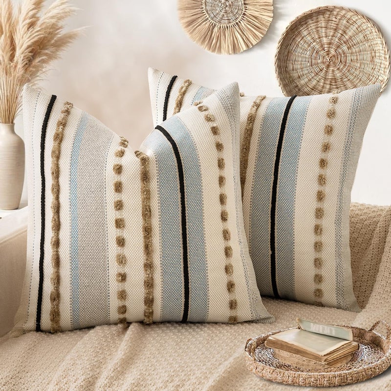ANRODUO Pack of 2 Boho Decorative Throw Pillow Covers 18x18 Farmhouse Cushion Case Striped Chenille Pillow Cases Square Pillow Covers Accent Neutral Pillowcase for Sofa Couch Bed Light Blue Stripe - Image 2