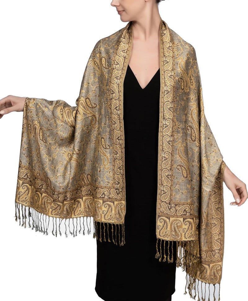 Achillea Soft Silky Reversible Paisley Pashmina Shawl Wrap Scarf with Fringes - Image 1