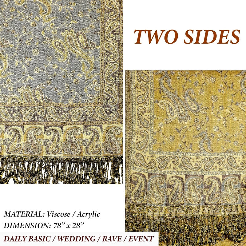 Achillea Soft Silky Reversible Paisley Pashmina Shawl Wrap Scarf with Fringes - Image 5