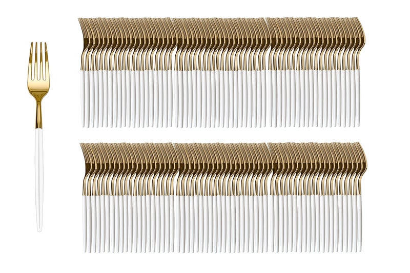Trendables 120 Pack Two Toned Heavy Duty Plastic Silverware Forks Stunning Dual Colored White And Gold Disposable Plastic Forks  Disposable Utensils For Wedding Parties And All Occasions