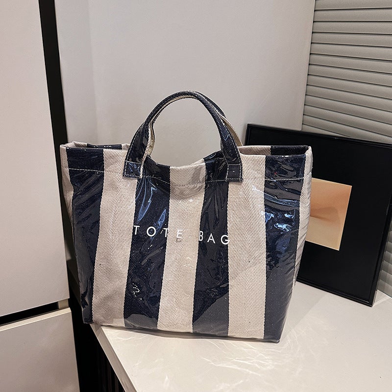 Creative Striped Large-Capacity Tote Bag Classic Fashion Handbag Women'S Commuting Shopping Bag - Image 1