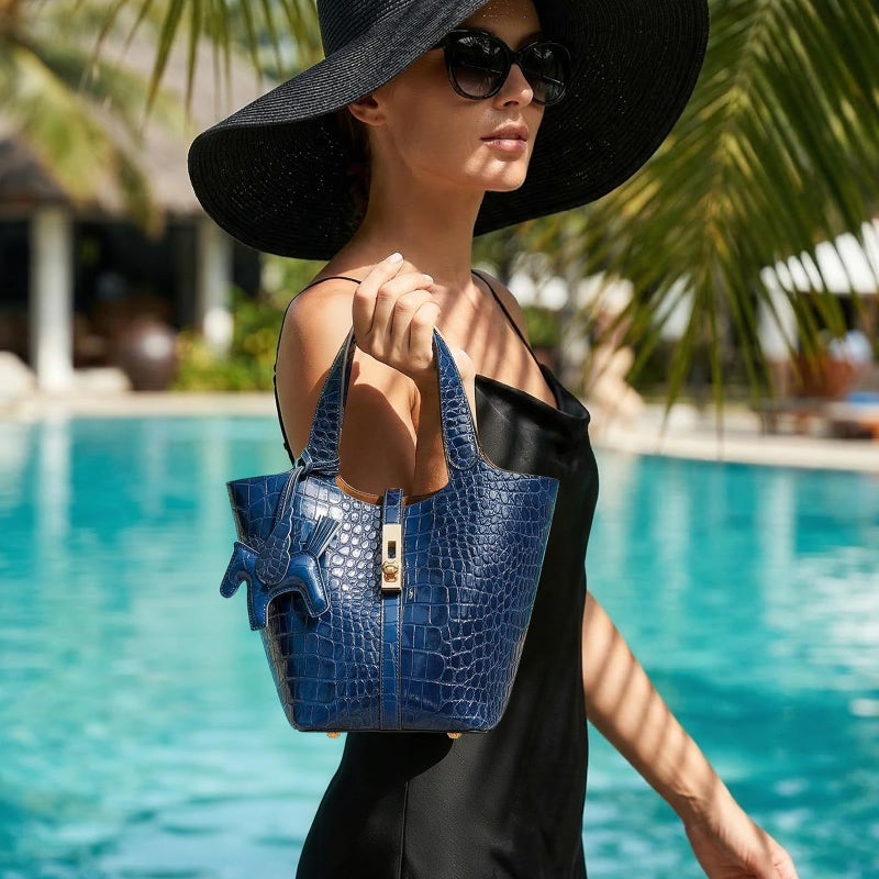 Kadynow Tote Bag for Women Vegan Leather Bucket Purse for Women Crocodile Pattern Top Handle Handbag Shoulder Bag with Detachable Small Purse Deep Blue - Image 3
