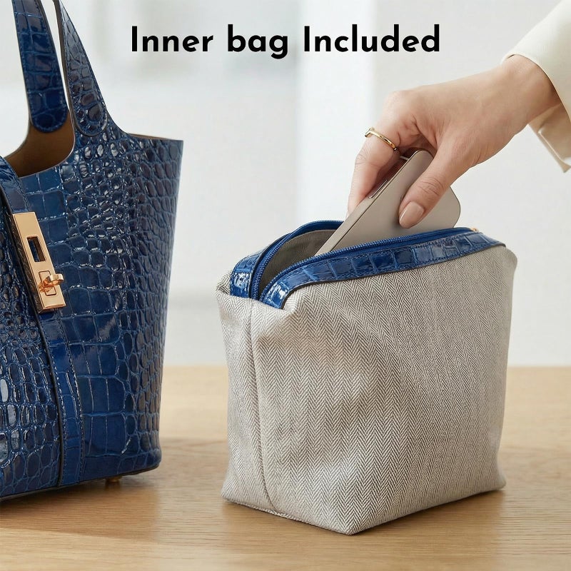 Kadynow Tote Bag for Women Vegan Leather Bucket Purse for Women Crocodile Pattern Top Handle Handbag Shoulder Bag with Detachable Small Purse Deep Blue - Image 5