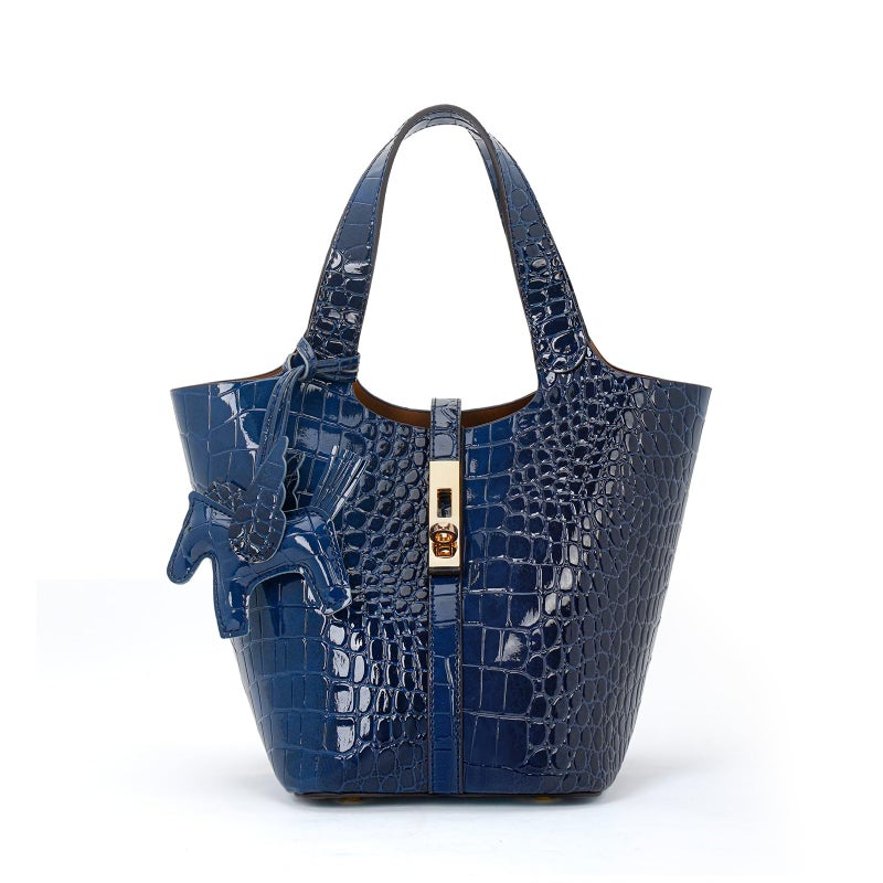 Kadynow Tote Bag for Women Vegan Leather Bucket Purse for Women Crocodile Pattern Top Handle Handbag Shoulder Bag with Detachable Small Purse Deep Blue - Image 1