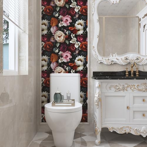 Laatse Floral Wallpaper Peel and Stick, Rose Flowers Contact Paper 17.5" x 393.7", Modern Wall Murals Self Adhesive Removable Waterproof for Room Shelves Cabinet Drawer Table Decor (Black, Red, Beige) - Image 5
