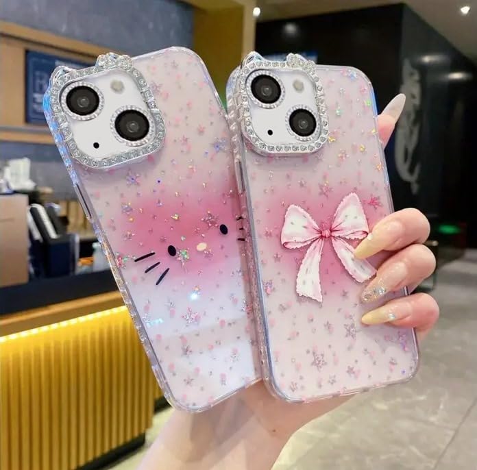 mobistyle Designed for iPhone 14,Cute Sparkling Cat Pattern Camera Protection Back Cover Case for Women Girls | iPhone 14,Pink | - Image 4