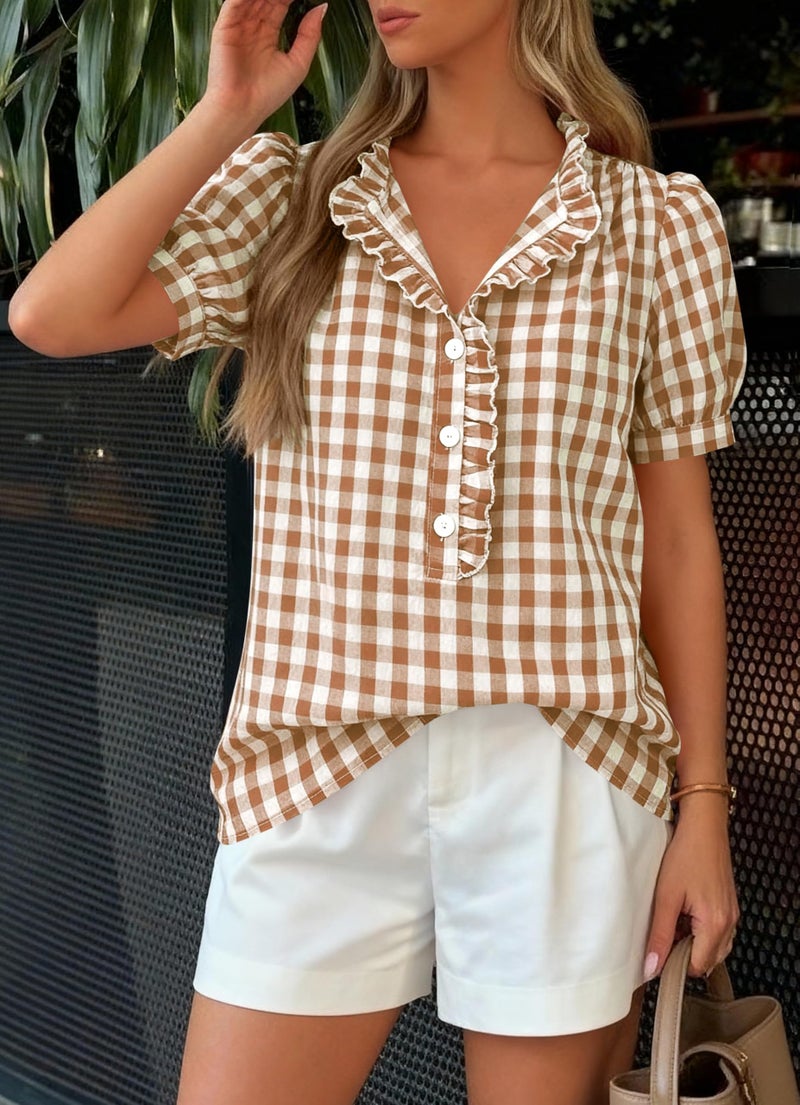 MASCOMODA Womens Puff Short Sleeve Summer Tops Striped Plaid Ruffle V Neck Button Down Shirts Business Casual Work Blouses(Plaid Khaki,XX-Large) - Image 4