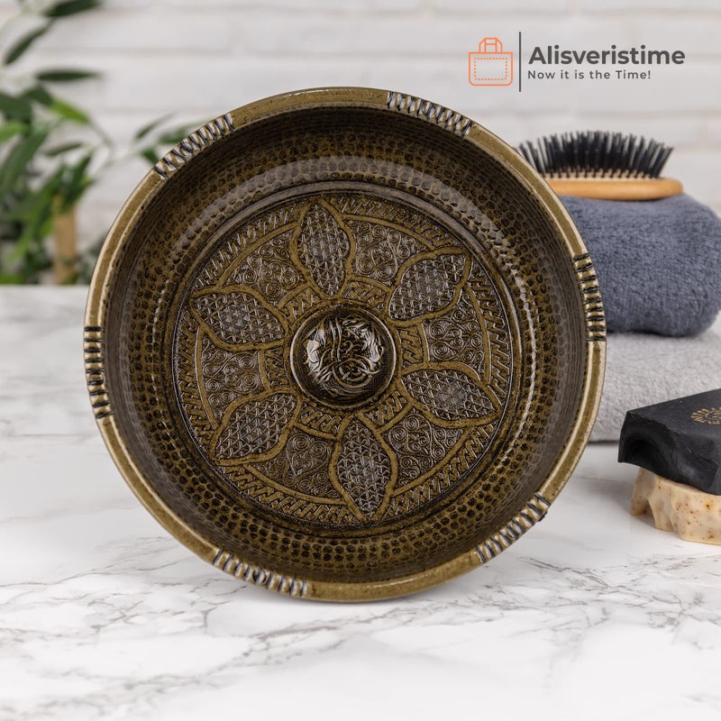 Alisveristime Traditional Turkish Bath Hammam Bowl with Authentic Motifs (440gr (15.50 oz) Made of Zinc (7.87-Inch Diameter) (Antique Green) - Image 5