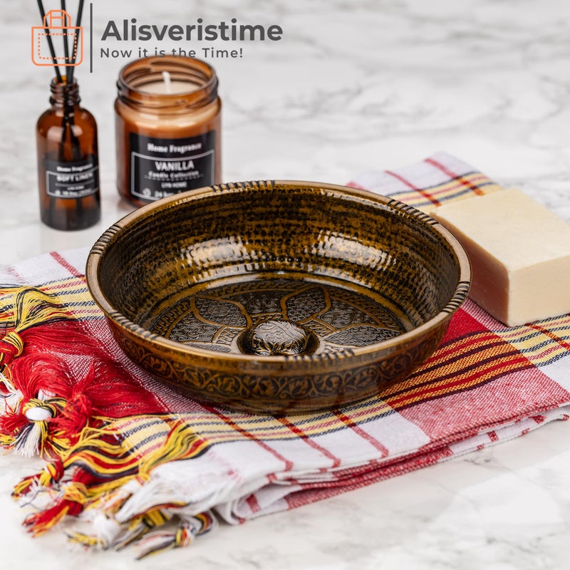 Alisveristime Traditional Turkish Bath Hammam Bowl with Authentic Motifs (440gr (15.50 oz) Made of Zinc (7.87-Inch Diameter) (Antique Green) - Image 2