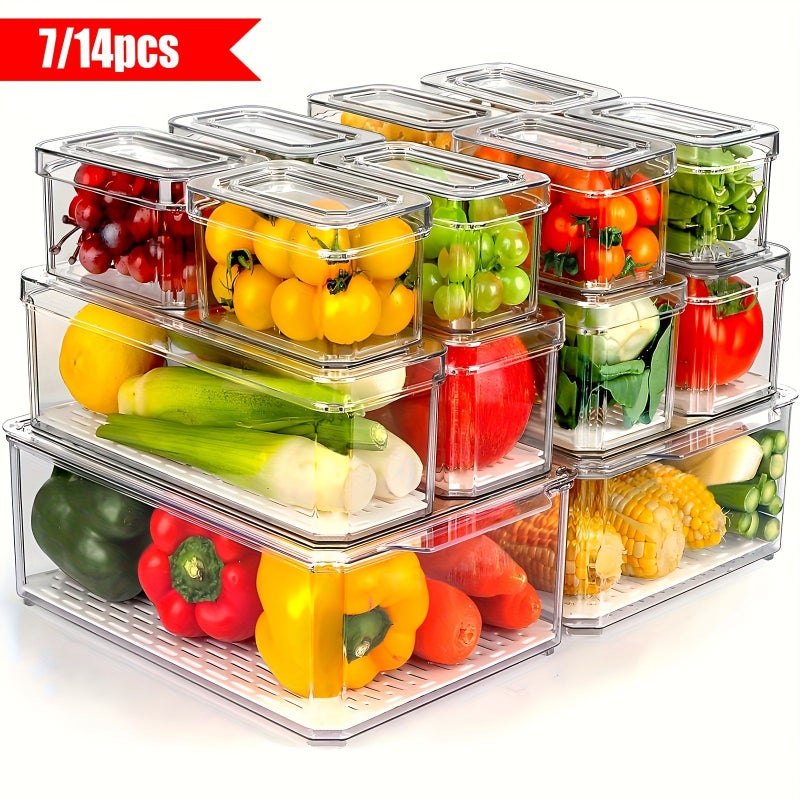 14pcs Transparent BPA Free Clear Stackable Fridge Storage Organizer Boxes With Lids For Fruit Vegetables Food And Drinks - Image 1