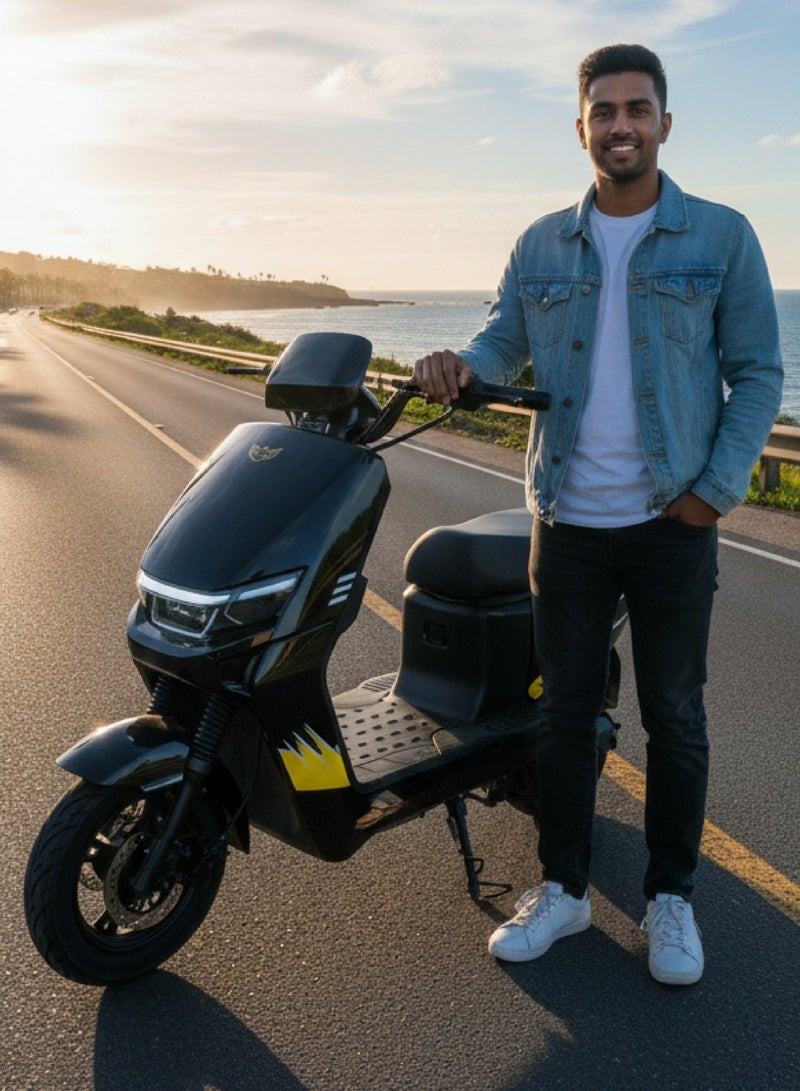 ويندهورس سكوتر كهربائي للبالغين Wind Horse M5، محرك 1500 واط، بطارية 60V 20Ah، سرعة قصوى 85 كم/س، مدى 50 كم، إطار سبائك الكربون، إطارات 14 بوصة، فرامل قرصية، 3 أوضاع سرعة، قفل ريموت ومساحة تخزين تحت المقعد – أزرق/أسود/رمادي - Image 3