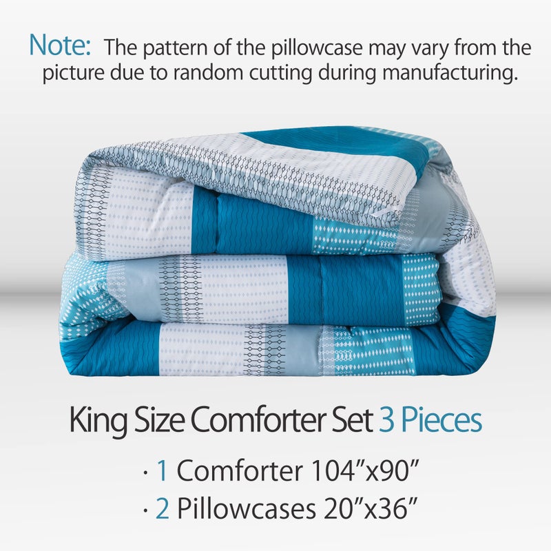 Andency Andency Stripe Comforter Set King Size (104x90 Inch)  3 Pieces Teal Patchwork Striped Comforter  Soft Microfiber Down Alternative Comforter Bedding Set with Corner Loops  - Image 2