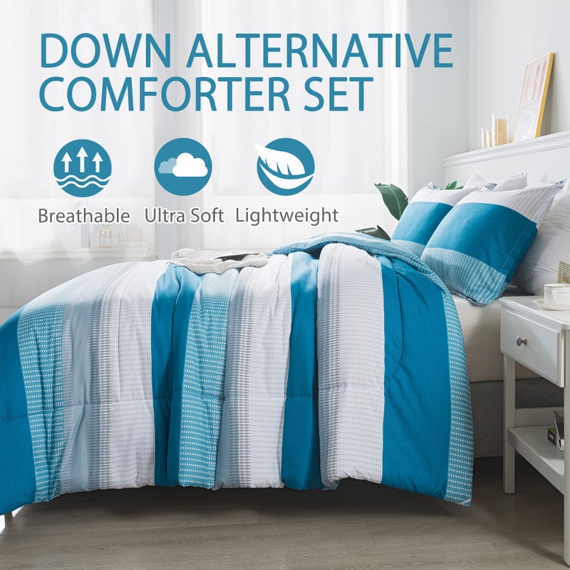 Andency Andency Stripe Comforter Set King Size (104x90 Inch)  3 Pieces Teal Patchwork Striped Comforter  Soft Microfiber Down Alternative Comforter Bedding Set with Corner Loops  - Image 4