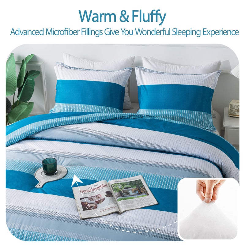 Andency Andency Stripe Comforter Set King Size (104x90 Inch)  3 Pieces Teal Patchwork Striped Comforter  Soft Microfiber Down Alternative Comforter Bedding Set with Corner Loops  - Image 3