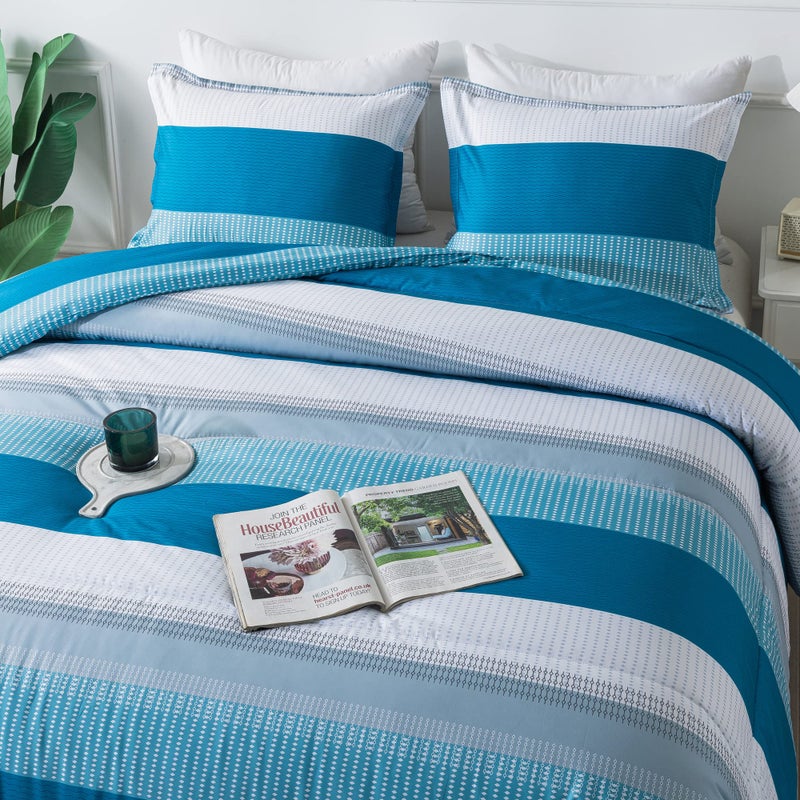 Andency Andency Stripe Comforter Set King Size (104x90 Inch)  3 Pieces Teal Patchwork Striped Comforter  Soft Microfiber Down Alternative Comforter Bedding Set with Corner Loops  - Image 1