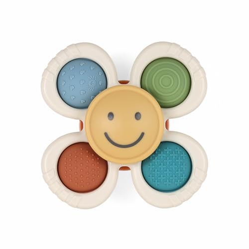 Itzy Ritzy Pop & Whirl – Fidget Spinner Travel & Bath Toy for Babies & Toddlers – Fidget w/Textured Silicone Poppers to Develop Fine Motor Skills – Sticks to Highchairs, Tables, Tubs More (Smile) - Image 1