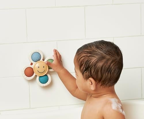 Itzy Ritzy Pop & Whirl – Fidget Spinner Travel & Bath Toy for Babies & Toddlers – Fidget w/Textured Silicone Poppers to Develop Fine Motor Skills – Sticks to Highchairs, Tables, Tubs More (Smile) - Image 4