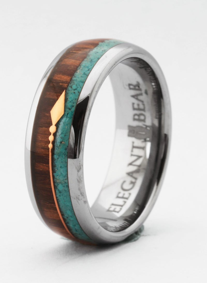 ELEGANT BEAR Tungsten ring inlaid with zebra wood and turquoise