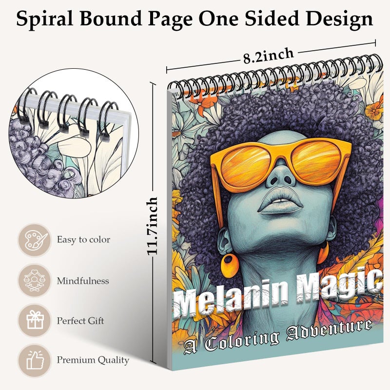 ADEVIAN Coloring Books for Adults Relaxation Spiral Bound Printed On One Side, Coloring Book for Women with 24 Patterns One Sided Design, Mindfulness Anxiety Relief Gifts Melanin Magic - Image 5
